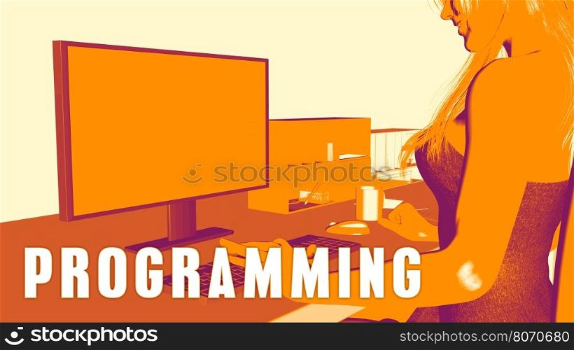 Programming Concept Course with Woman Looking at Computer. Programming Concept Course