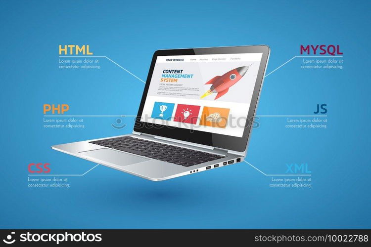 Programming language concept - PHP, CSS, XML, HTML, Javascript learning - book as laptop