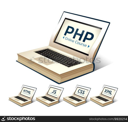 Programming language concept - PHP, CSS, XML, HTML, Javascript learning - book as laptop