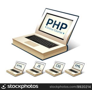 Programming language concept - PHP, CSS, XML, HTML, Javascript learning - book as laptop