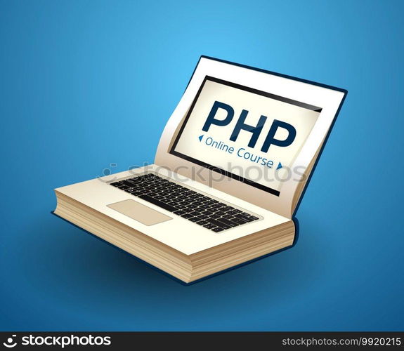 Programming language concept - PHP, CSS, XML, HTML, Javascript learning - book as laptop