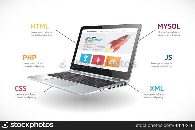Programming language concept - PHP, CSS, XML, HTML, Javascript learning - book as laptop