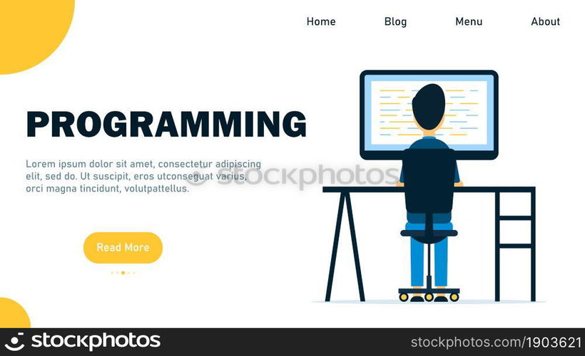 Programming. The developer is at the computer. Writing code. Web programming. Website development. Flat style. Vector illustration