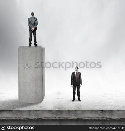 Progress in business. Rear view of businessman standing on bar
