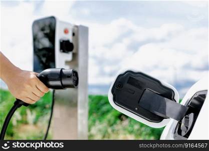 Progressive natural scenic where hand insert charging plug to electric vehicle from charging station with natural background. Future energy concept of EV car powered by sustainable electric energy.. Progressive natural scenic of hand insert charging plug to EV car.