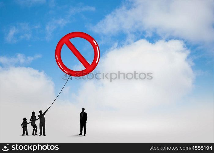 Prohibition concept. Little silhouettes of people pulling light bulb on rope