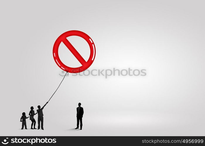 Prohibition concept. Little silhouettes of people pulling light bulb on rope