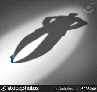 Project confidence as a businessman standing with a huge cast shadow as a metaphor for a confident personality and feeling of certainty in a 3D illustration style.