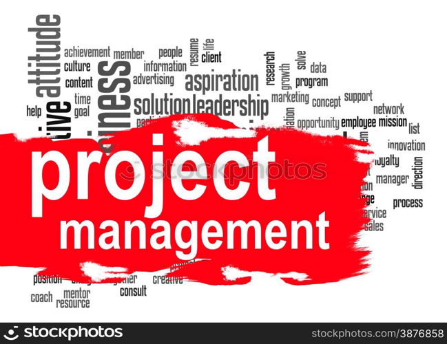 Project management word cloud image with hi-res rendered artwork that could be used for any graphic design.. Project management word cloud with red banner