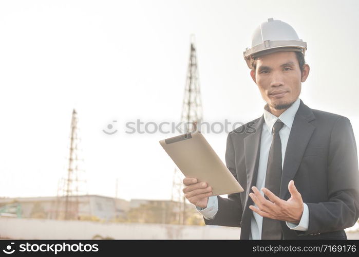 Project manager holding tablet inspection estate construction building project