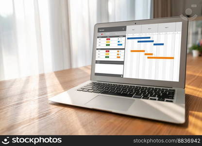 Project planning software for modish business project management on the computer screen showing timeline chart of the team project. Project planning software for modish business project management