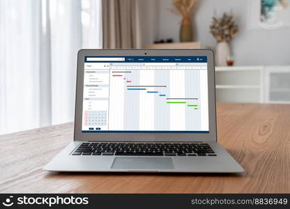 Project planning software for modish business project management on the computer screen showing timeline chart of the team project. Project planning software for modish business project management