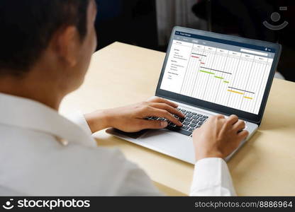 Project planning software for modish business project management on the computer screen showing timeline chart of the team project. Project planning software for modish business project management