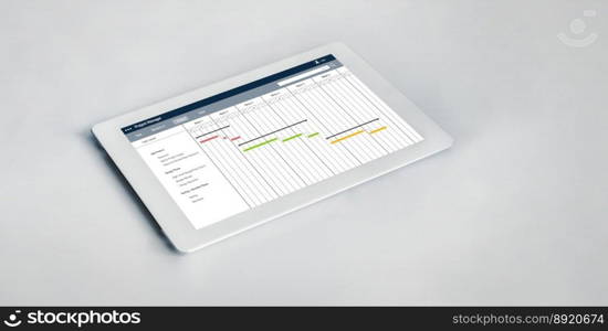 Project planning software for modish business project management on the computer screen showing timeline chart of the team project. Project planning software for modish business project management