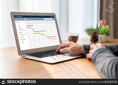 Project planning software for modish business project management on the computer screen showing timeline chart of the team project. Project planning software for modish business project management