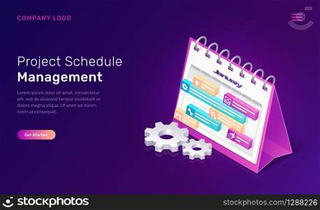 Project schedule management isometric concept vector illustration. Software landing page template for effective work schedule planning, time manager interface, desktop calendar with 3D settings icons. Project schedule management isometric concept