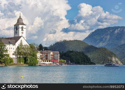 Promenade with flowerpots in Sankt Wolfgang am Austrian Wolfgangsee. Promenade with flowerpots in Austrian Sankt Wolfgang am Wolfgangsee