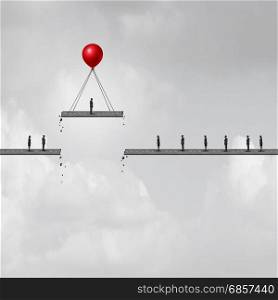 Promotion concept as a businessman on a road being lifted up by a balloon with other people left behind as a business metaphor with 3D illustration elements.