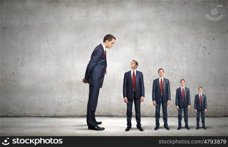 Promotion concept. Successful confident businessmen standing in line. Progress in career