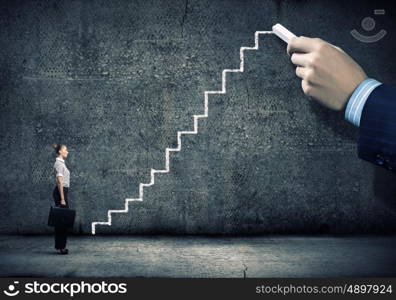 Promotion in career. Businesswoman stepping ladder drawn by hand with chalk