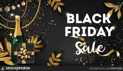 Promotional banner for black friday, website format. Shopping online on fall season. Sales and discounts at shops and stores offering products. Clearance and sell out ads. Vector in flat style. Black friday sale banner with present ch&agne