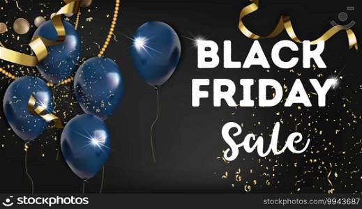 Promotional banner with decorative inflatable balls and gold serpentine tinsels. Advertisement for autumn holiday, black friday celebration. Buying products and shopping. Vector in flat style. Black friday sale, promotion and advertisement