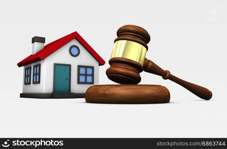 Property auction laws and legislation concept with a judge gavel and house model 3D illustration.