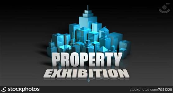 Property Exhibition Concept in Blue on Black Background. Property Exhibition