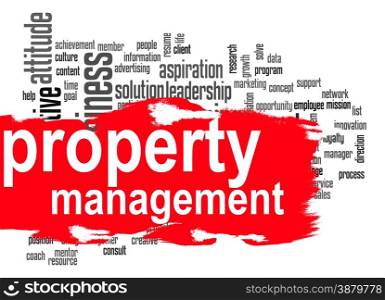 Property management word cloud image with hi-res rendered artwork that could be used for any graphic design.. Property management word cloud with red banner