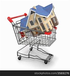 Property market. House in shopping cart. 3d