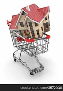 Property market. House in shopping cart. 3d
