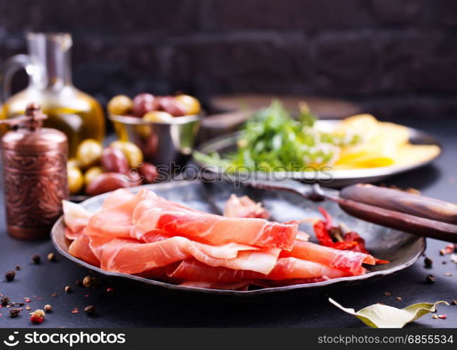 Prosciutto with spice on plate, stock photo