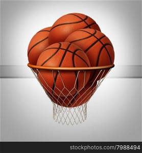 Prosperity concept and over the top success symbol as a group of basketballs inside a basketball net as an icon for exessive profit as a business metaphor.