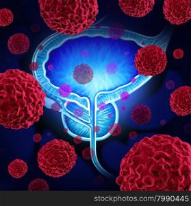 Prostate cancer danger medical concept as cancerous cells in a male body attacking the reproductive system as a symbol of human malignant tumor growth diagnosis treatment and risks.&#xA;&#xA;