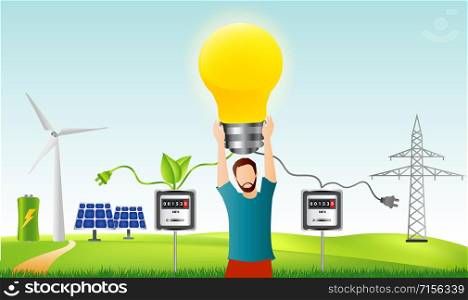 Prosumer. Renewable energy. Self-produced energy sharing. Ecological house. Photovoltaics. Man holding a light bulb in hand. Investments for sustainable energy. Alternative energy production