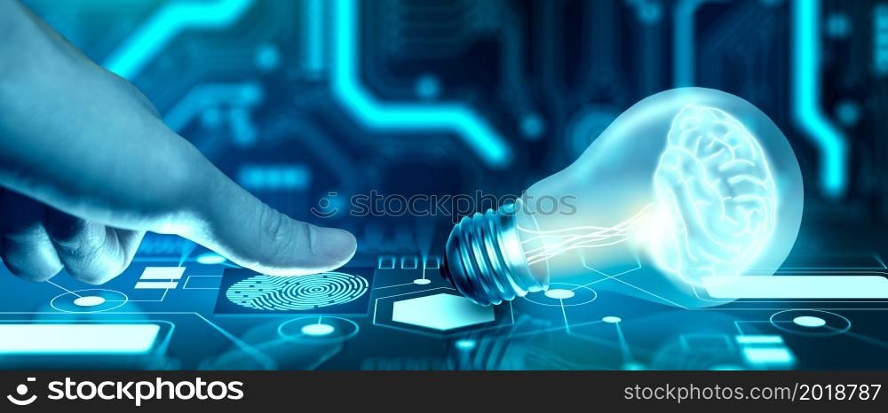 Protect intellectual property with Biometric security. Converging point of light bulb with glowing human brain inside. Intellectual property protection or Patent idea protection Concept. 3D Rendering.