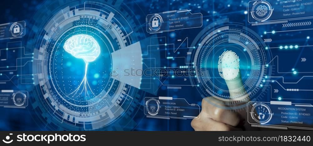 Protect intellectual property with Biometric security. Converging technology with glowing human brain hologram. Intellectual property protection or Patent idea protection Concept.