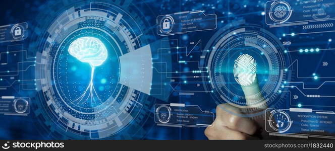 Protect intellectual property with Biometric security. Converging technology with glowing human brain hologram. Intellectual property protection or Patent idea protection Concept.