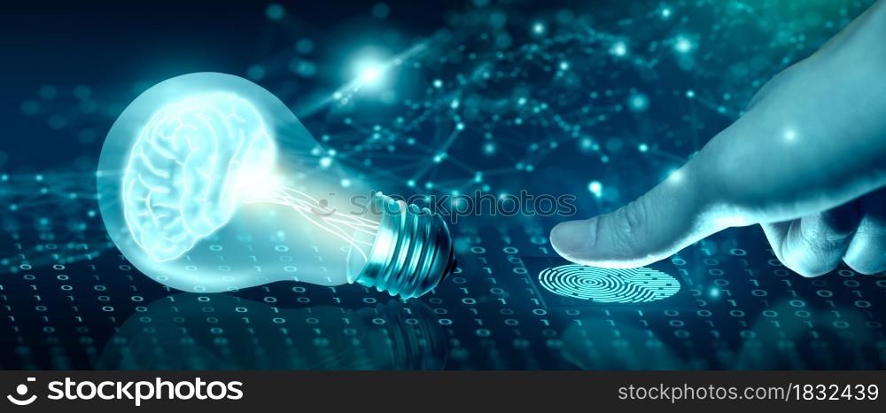 Protect intellectual property with Biometric security. The converging point of circuit and light bulb with glowing human brain inside. Intellectual property protection or Patent idea protection Concept. 3D Rendering.