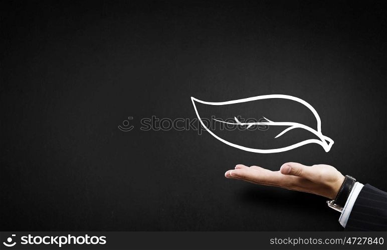 Protect nature. Close up of businessman hand holding drawn leaf