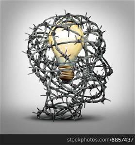 Protect your idea business thinking concept as a group of barbed wire shaped as a human head with an illuminated light bulb inside as a security and trademark or copyright protection metaphor with 3D illustration elements.