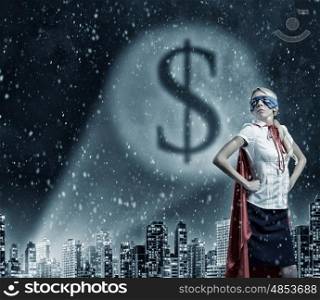 Protect your savings. Young woman super hero and dollar sign in spotlight