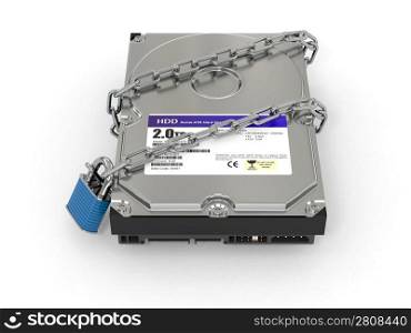 Protected hdd. Chain and lock on hard disk drive. 3d