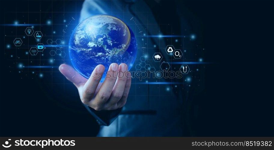protecting the global environment. Businessman show concept of clean energy, energy saving, renewable energy, perfect environment, increase air oxygen. Elements of this image furnished by NASA