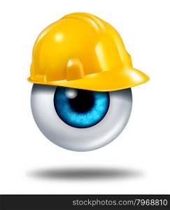Protecting your eyes and vision protection with a human eyeball wearing a yellow construction hard had as a healrh care concept of eye care or insurance coverage on a white background.