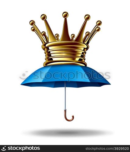 Protection leadership business concept as a blue umbrella with a gold crown as a metaphor for the bestfinancial security and guarding wealth and stability in a volatile economy on a white background.