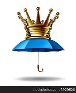 Protection leadership business concept as a blue umbrella with a gold crown as a metaphor for the bestfinancial security and guarding wealth and stability in a volatile economy on a white background.