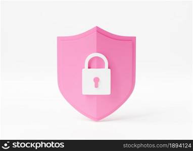 Protection padlock abstract shield security with lock data symbol icon on white background, Firewall access internet privacy sign, secure network web emblem template, 3D rendering illustration