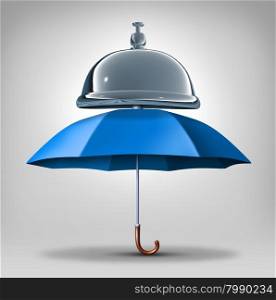 Protection services concept as a blue umbrella with a service bell as a symbol and icon for providing safety and security assistance as health benefits or business guarantees.