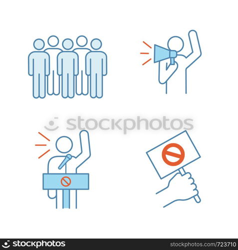 Protest action color icons set. Meeting, protester, protest banner, speech. Isolated vector illustrations. Protest action color icons set